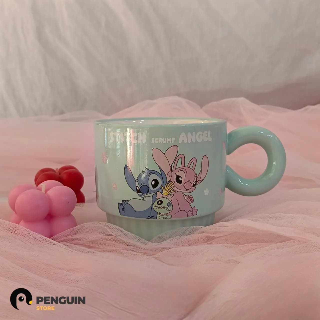 مج "ستيتش وأنجل" (Stitch & Angel) - مج سيراميك "مينت جرين" بـ يد دائرية وتصميم ديزني الأيقوني للروقان 💙💗✨