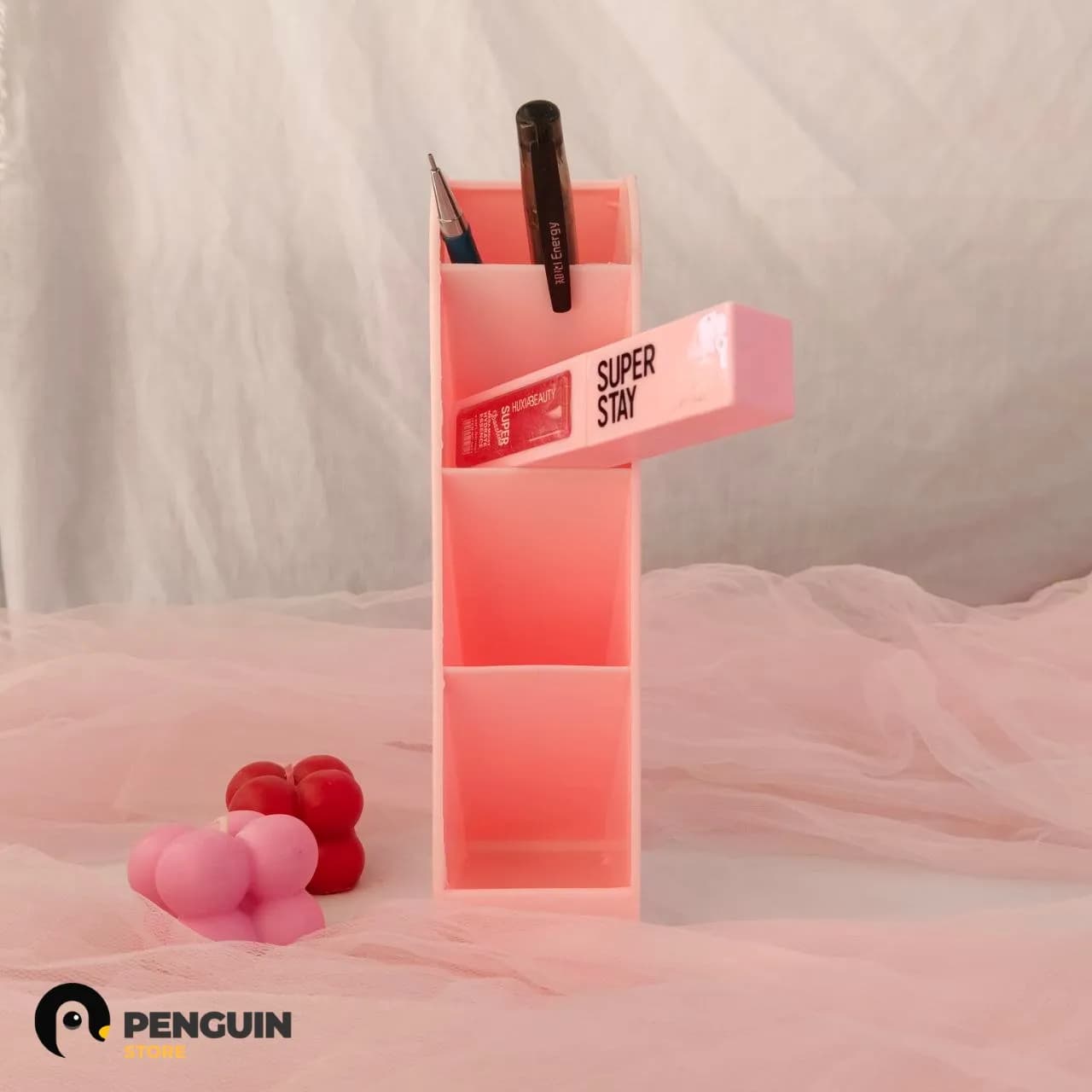 منظم مكتب مدرج (4 أدوار) - استند أقلام وأدوات متعدد الاستخدامات بلون وردي هادي من Penguin Store 🌸 منظم مكتب مودرن ✨